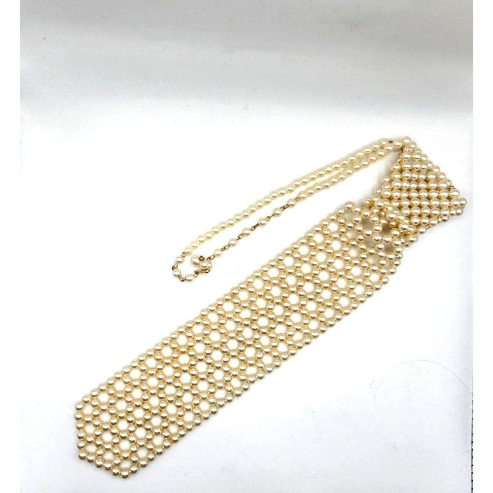 Vintage Classic Women’s Pearl Neck Tie Necklace 90s Ivory OneSize